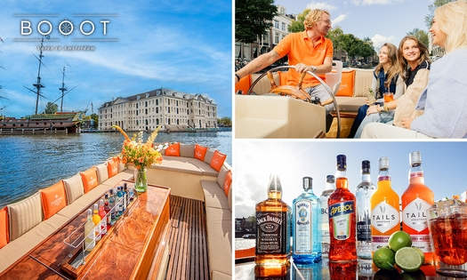 Rondvaart Amsterdamse grachten (1 uur) + live gids + (cocktail)bar aan boord bij Booot