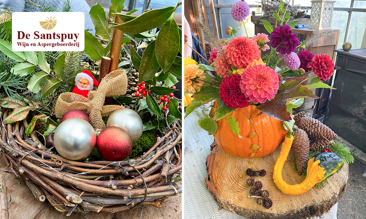 Workshop herfst-, winter- of kerststuk maken (3 uur) + hapjes en drankjes