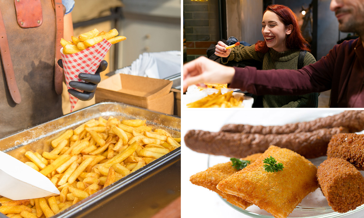 Frietkar voor 30 personen op locatie + onbeperkt friet, snacks en sauzen (2 uur)